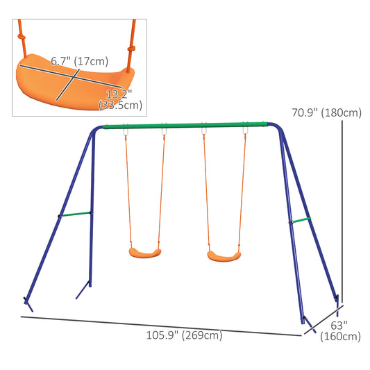 Outsunny Kids Swing Set Outdoor Metal Swing Frame with Double Swing Seats for 1-2 Children Aged 3-8 Years Old