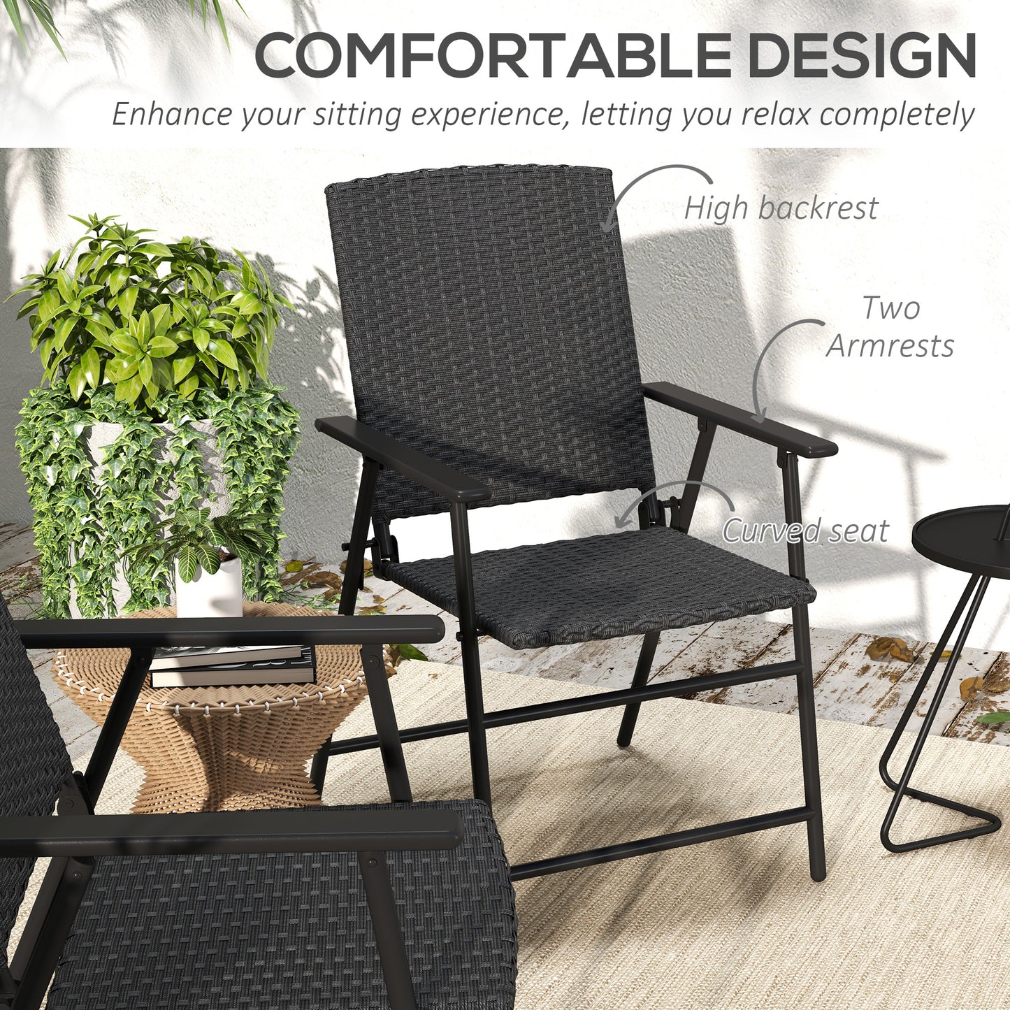 Outsunny Outdoor Wicker Dining Chair Set of 4, Rattan Foldable Chair with Steel Frame for Garden, Backyard, Porch, Brown