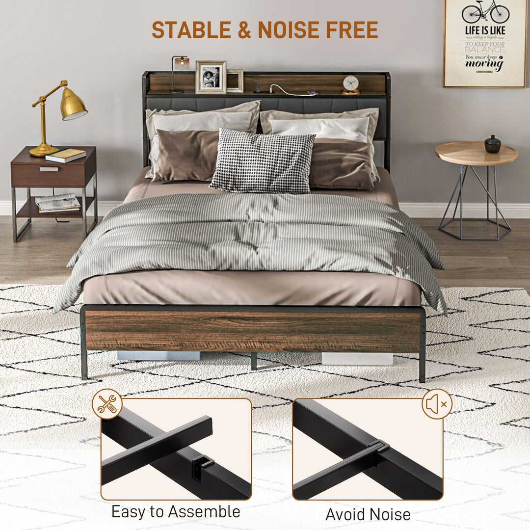 HOMCOM Full Size Bed Frame with Charging Station, Full Bed Frame with Upholstered Headboard and Storage Shelf, Walnut