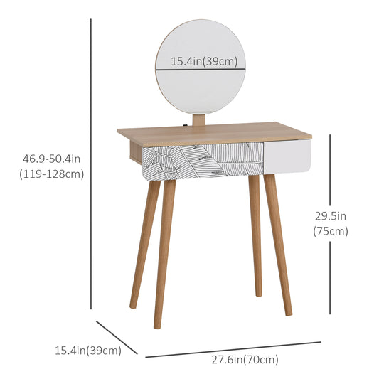 HOMCOM Vanity Desk with Mirror, Makeup Vanity with Drawer and Height Adjustable Mirror, Dressing Table with Wood Legs for Bedroom, Oak