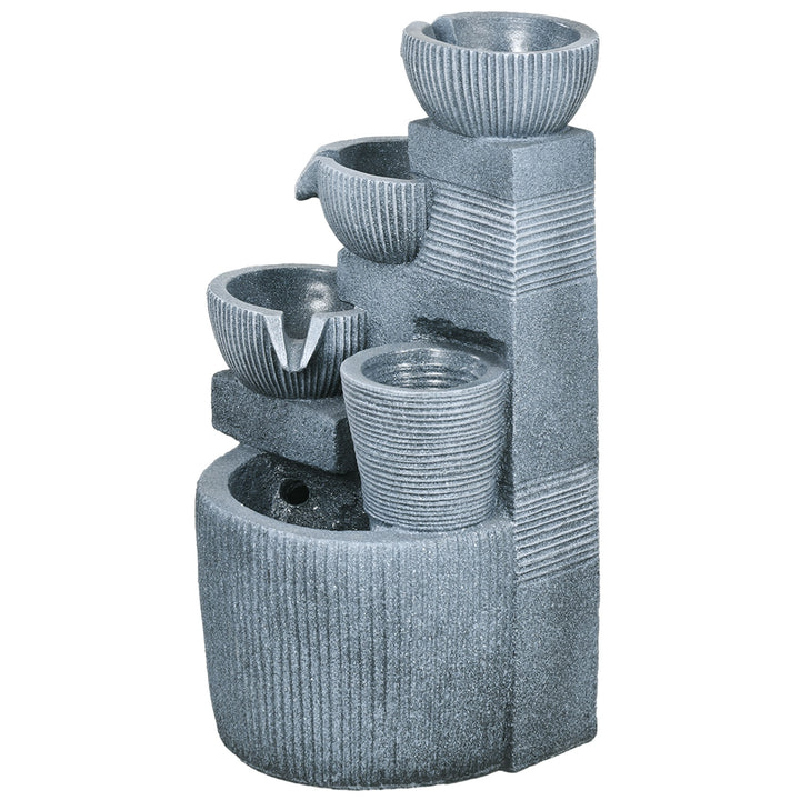 Outsunny Solar Powered Outdoor Water Fountain, 4-Tier Floor Standing Resin Cascading Bowls Waterfall Fountain with LED Lights