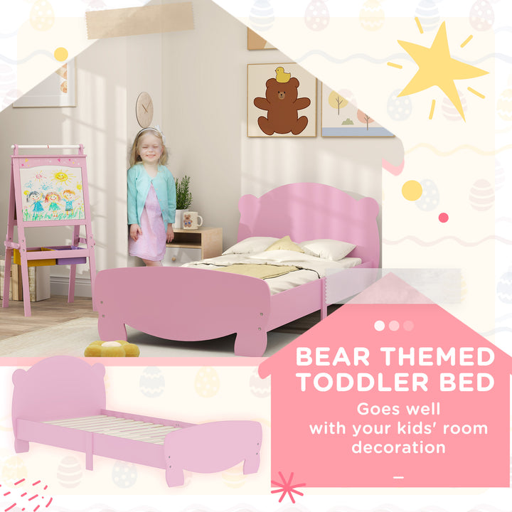 Qaba Twin Bed Frame for Kids with Bear Shaped Headboard & Footboard, Slats Support, No Box Spring Needed, for Ages 3-12, Pink