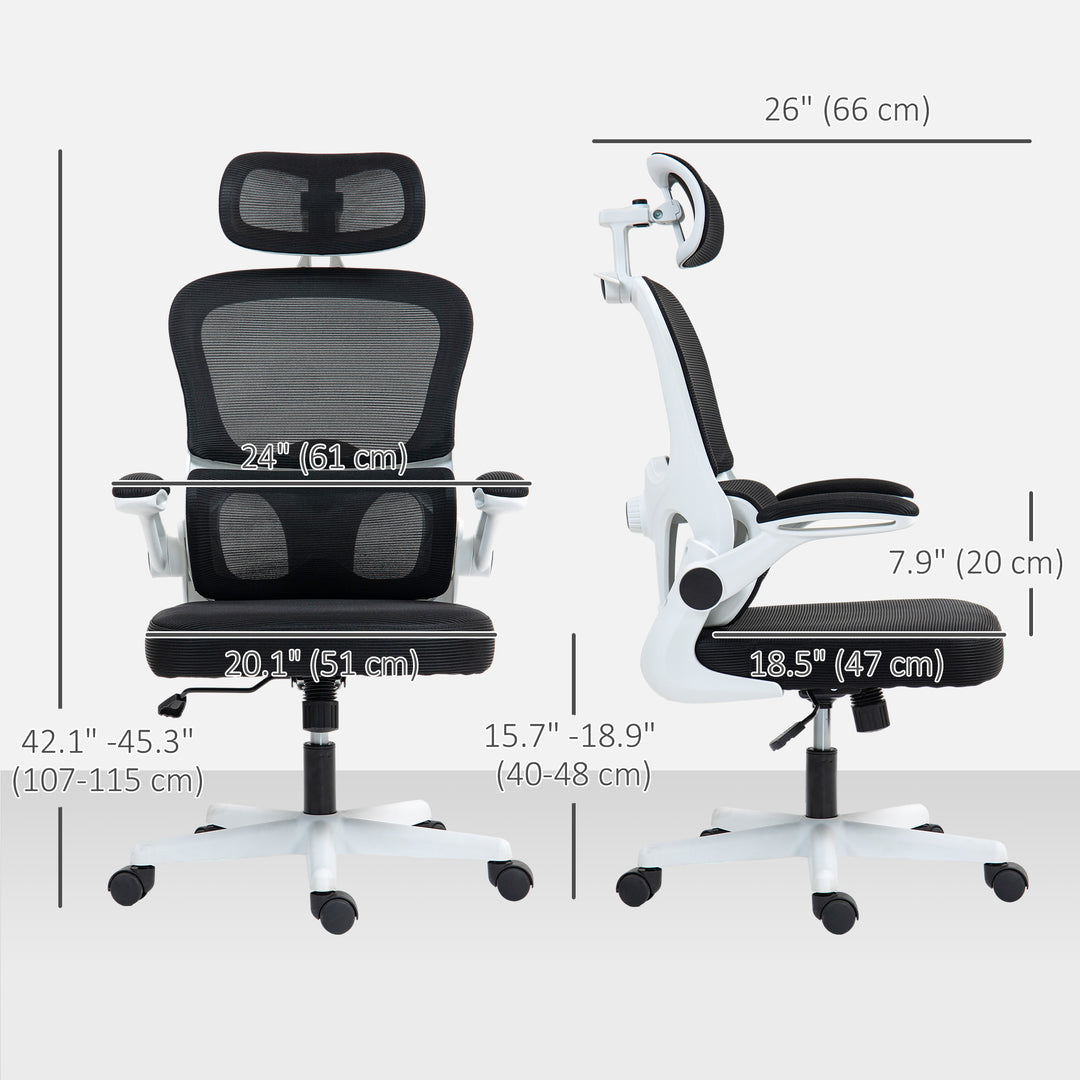 HOMCOM Mesh Office Chair, Ergonomic Desk Chair with Flip-up Armrest, Rotatable Headrest, Adjustable Lumbar Support, Black