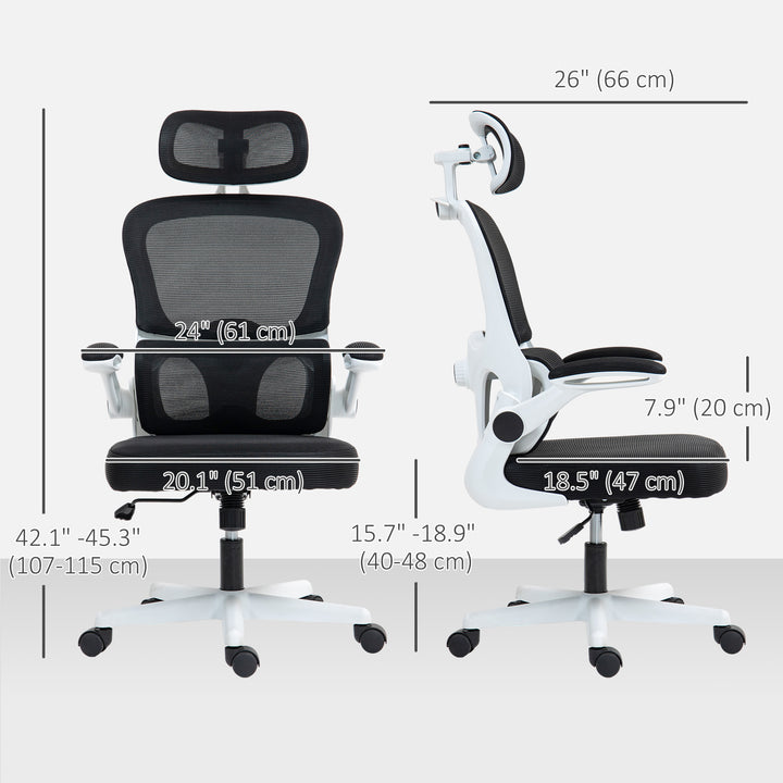 HOMCOM Mesh Office Chair, Ergonomic Desk Chair with Flip-up Armrest, Rotatable Headrest, Adjustable Lumbar Support, Black