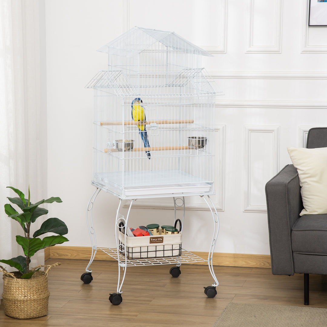 PawHut 53.9'' Large Rolling Steel Bird Cage Bird House with Detachable Rolling Stand, Storage Shelf, Wood Perch, Food Container, Black
