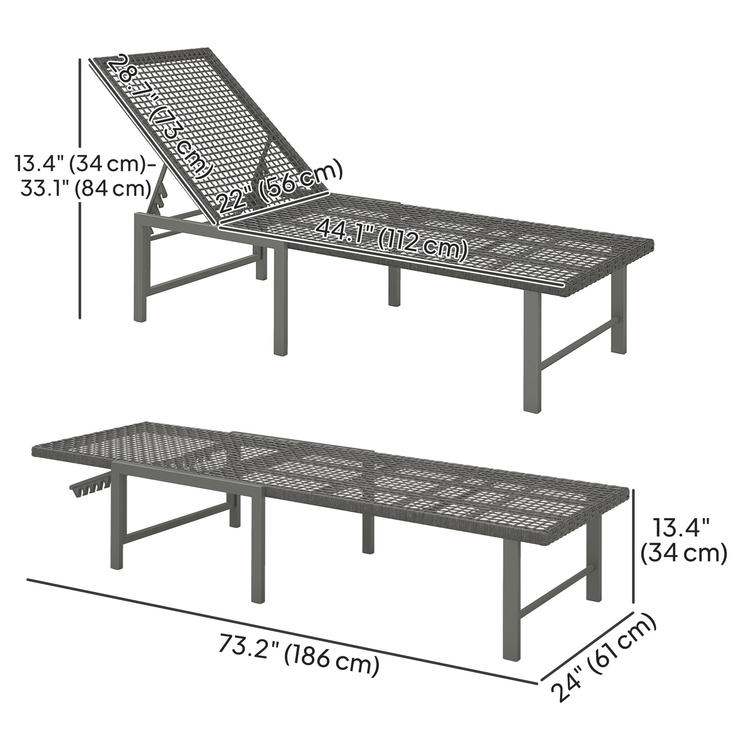 Outsunny Set of 2 Wicker Chaise Lounge Chair Outdoor Patio Lounger with 5 Adjustable Back, Wheels, Cushion and Armrests, Blue