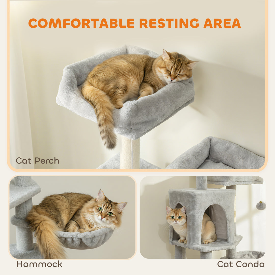 PawHut Cat Tree, 70" Multi-Level Cat Tower with 2 Condos, 2 Perches, Hammock, Toy Balls, Scratching Posts and Board, Green