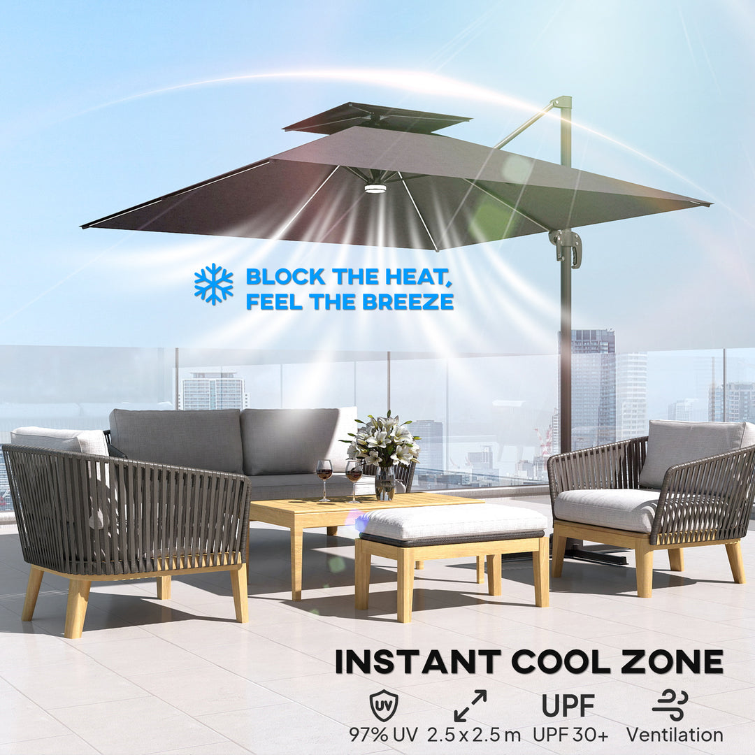 Outsunny 8' Cantilever Patio Umbrella with LED Lights, 360°Rotation, Tilt & Height Adjustment, Crank, Cross Base, Dark Grey