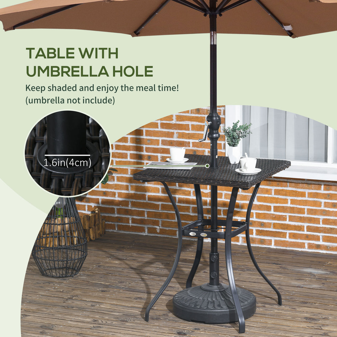Outsunny Patio Wicker Dining Table with Umbrella Hole, 34 Inch Outdoor PE Rattan Coffee Table with Plastic Board Under the Woven Table Top for Patio, Garden, Balcony, Black