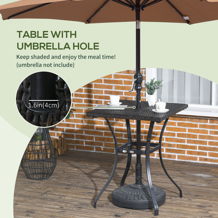 Outsunny Patio Wicker Dining Table with Umbrella Hole, 34 Inch Outdoor PE Rattan Coffee Table with Plastic Board Under the Woven Table Top for Patio, Garden, Balcony, Black