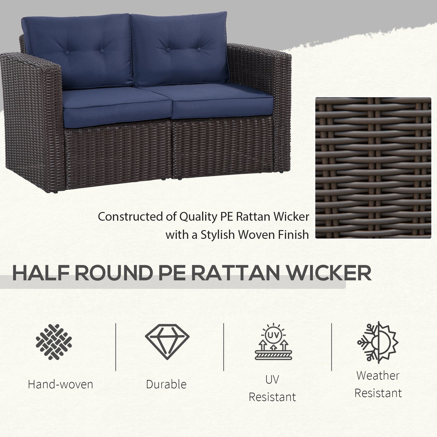 Outsunny 2 Seat Patio Loveseat Deluxe Wicker Sofa Chair Outdoor Rattan Furniture Couch All Weather with Cushion for Balcony, Deck, Garden and Poolside, Grey