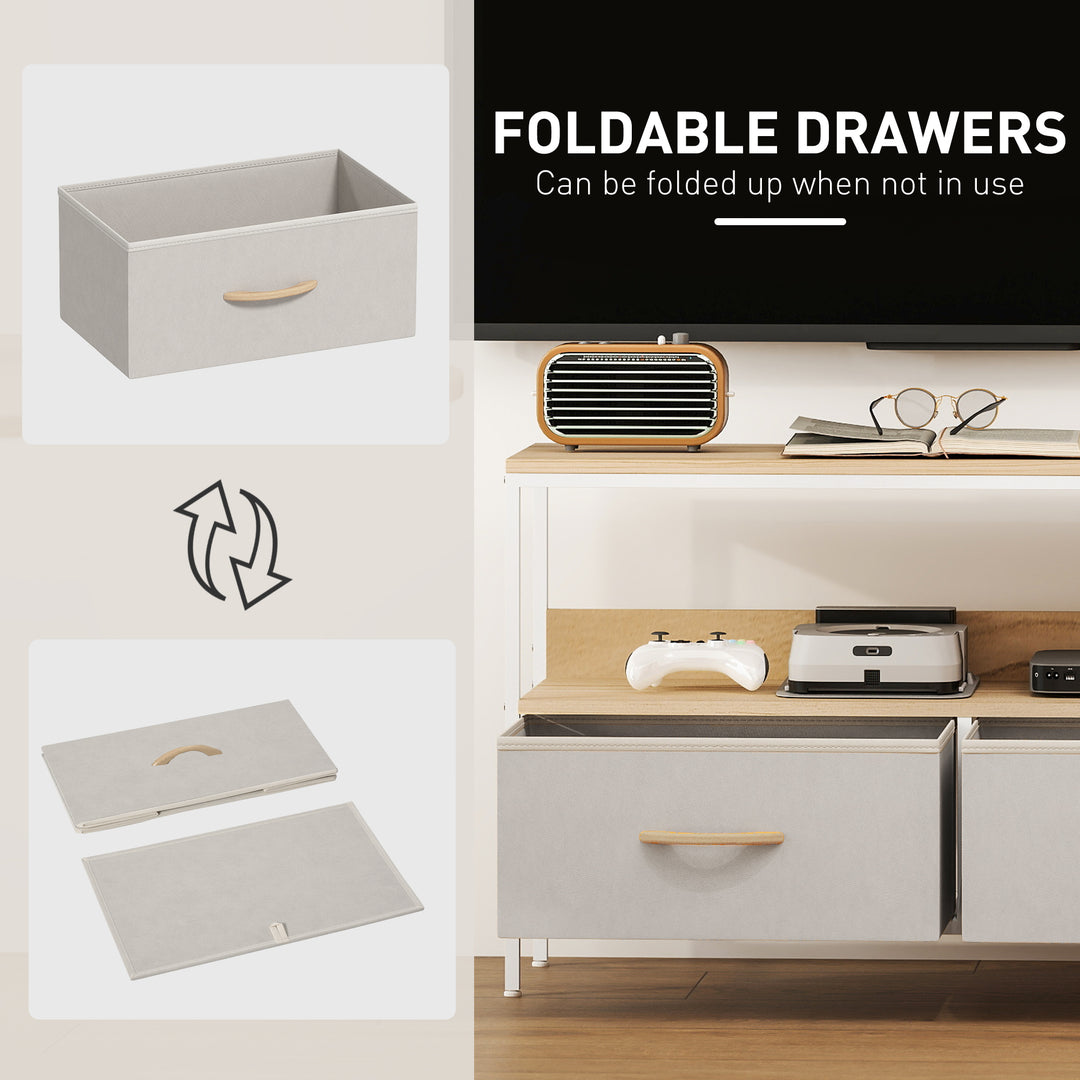 HOMCOM TV Stand with Charging Station, TV Table with 2 Foldable Linen Drawers and Open Shelf for 47 Inch TV, Rustic Brown