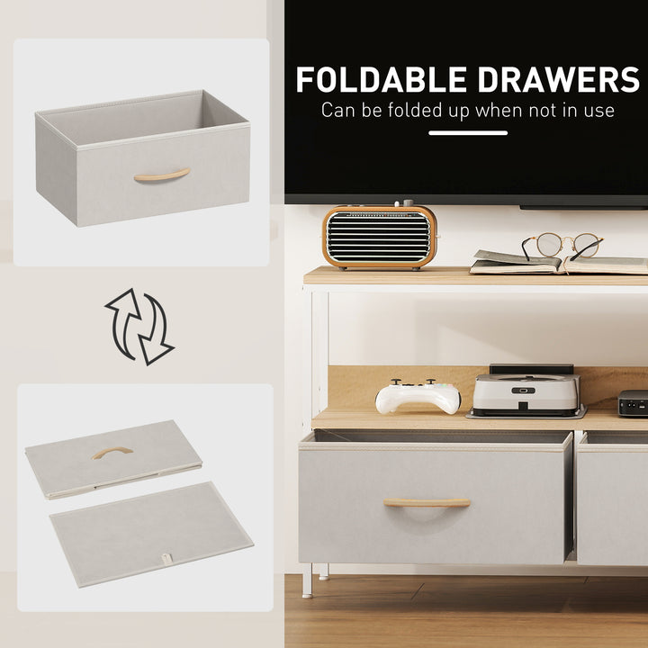 HOMCOM TV Stand with Charging Station, TV Table with 2 Foldable Linen Drawers and Open Shelf for 47 Inch TV, Rustic Brown