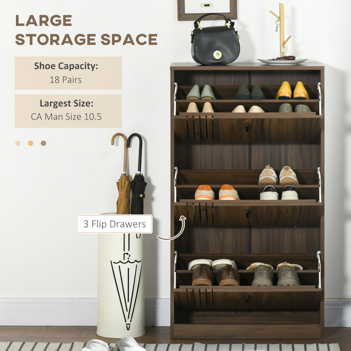 HOMCOM Shoe Storage Cabinet Organizer for 18 Pairs of Shoes with 3 Flip Drawers and Adjustable Shelves, Walnut