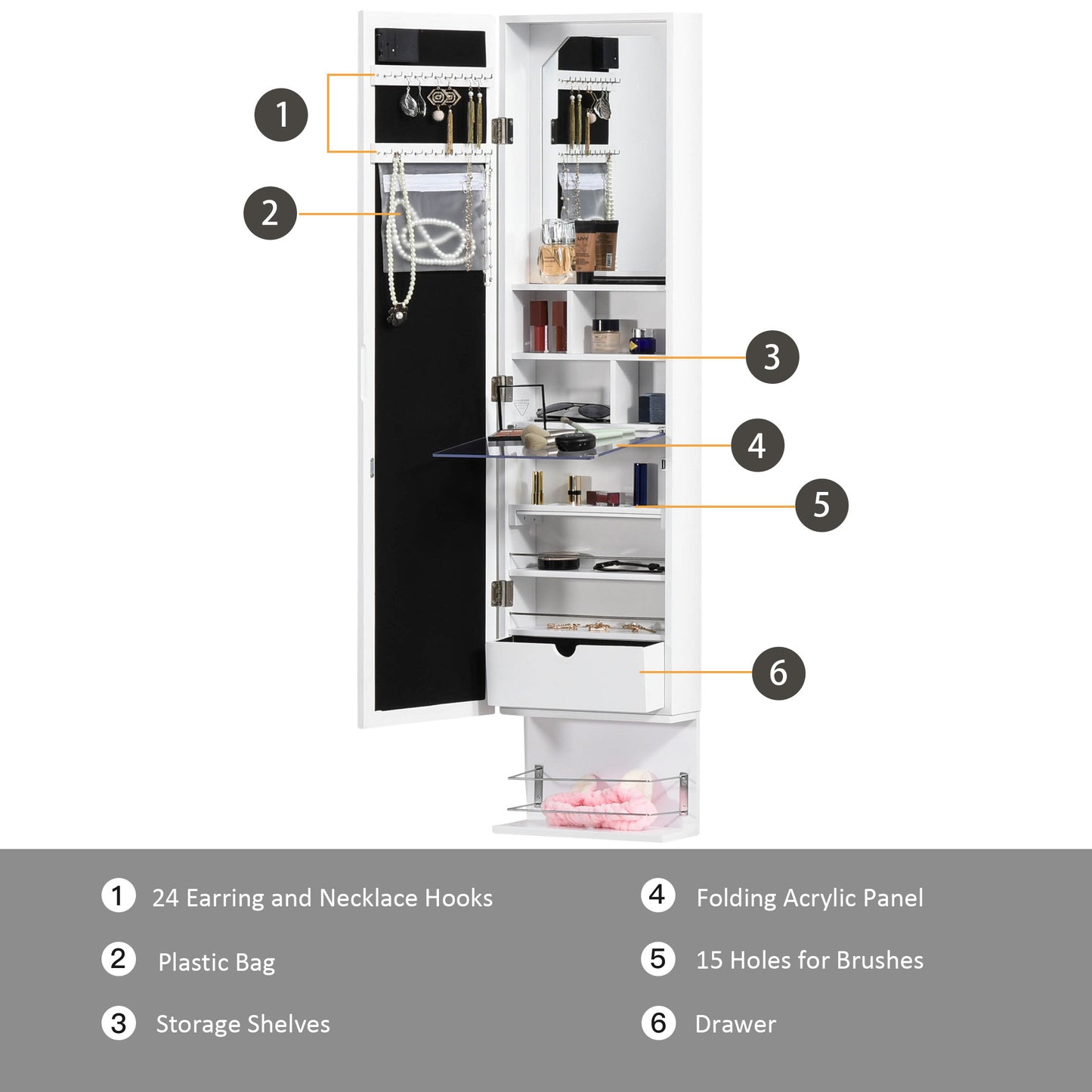 HOMCOM Mirror Jewelry Cabinet Armoire, Jewelry Organizer with 18 LED Lights, Wall-Mounted and Over-The-Door Cabinet with 3 Mountable Heights, Drawer and Open Shelf, White