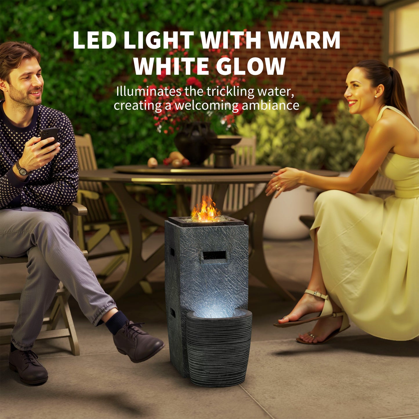 Outsunny Propane Fire Pit Table with Fountain, 15,000 BTU Outdoor Gas Fire Table with LED Light Adjustable Water Flow, Fire Fountain Water Feature with Decorative Glass Rocks, Grey