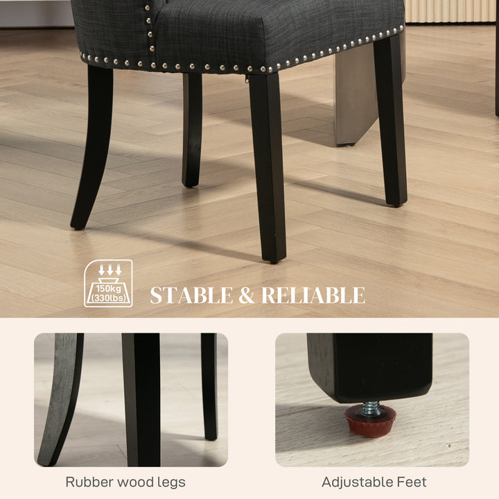 HOMCOM Swoop Air Linen Fabric Dining Chair Set of 2 with Nailhead Trim and Wood Legs, Dark Grey