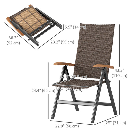 Outsunny Folding Wicker Patio Dining Chair with 5-level Reclining Back, Wooden Armrests for Outdoor, Garden, Backyard, Brown