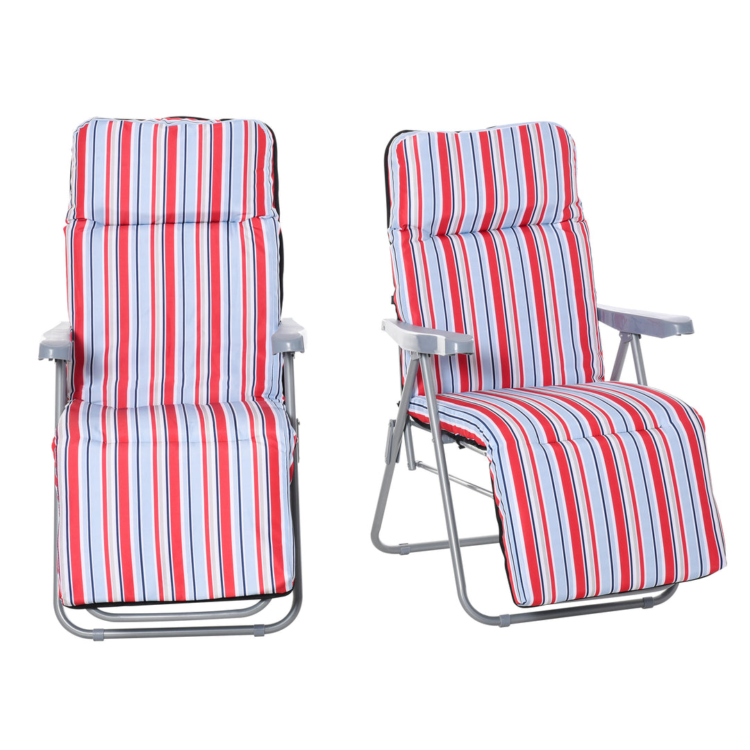 Outsunny Set of 2 Garden Sun Lounger, Outdoor Reclining Seat Cushioned Seat, Foldable Adjustable Recliner, Grey and Blue