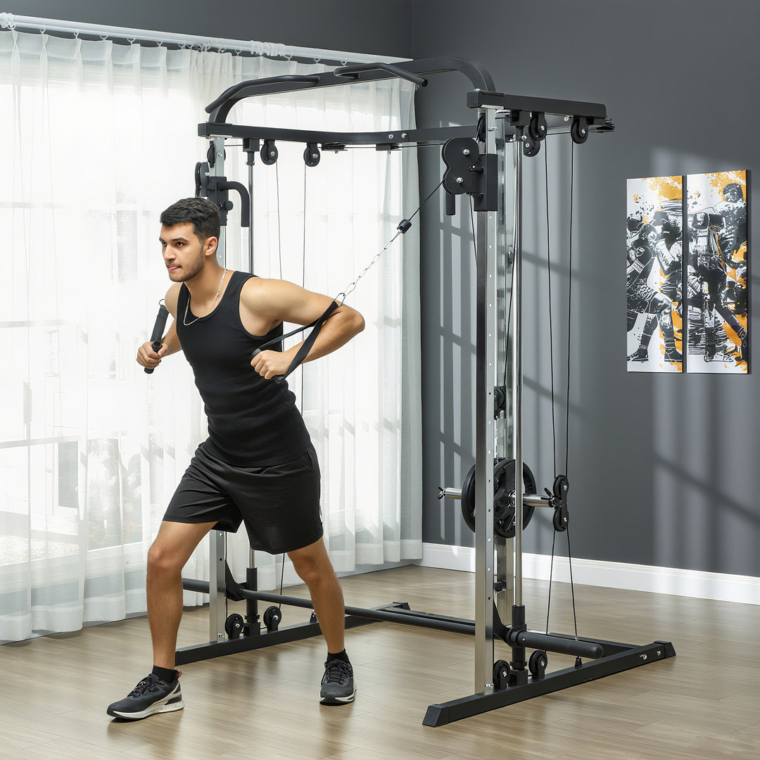 Soozier 3 In 1 Smith Machine Power Rack with Cable Crossover System, Pull up Station, 16-Level Squat Rack and Barbell Bar