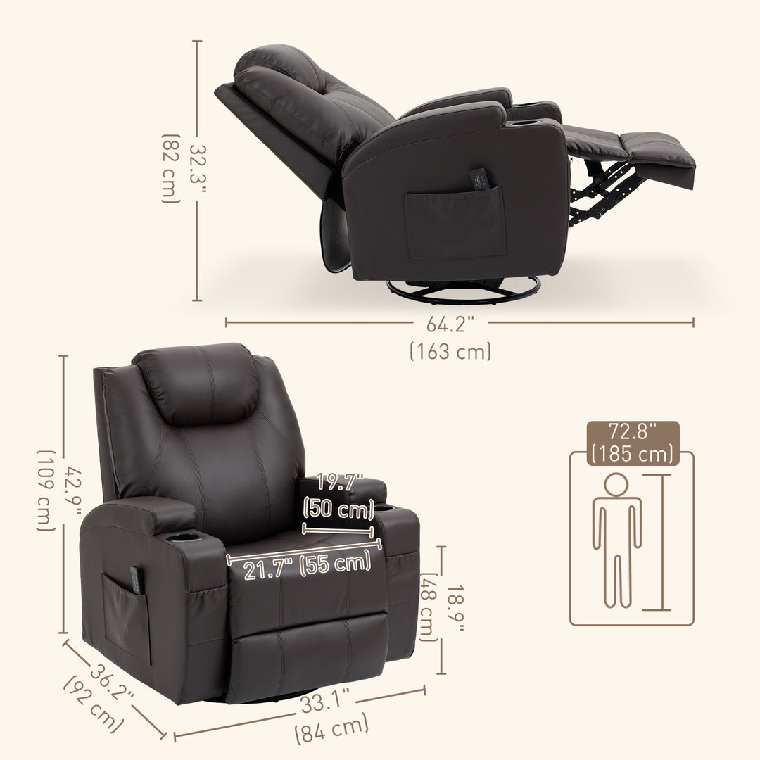 HOMCOM Massage Recliner Chair, Swivel Nursery Rocker Chair, Manual Reclining Sofa with 8 Vibration Points, PU Leather, Cup Holders, Side Pockets, for Living Room, Black