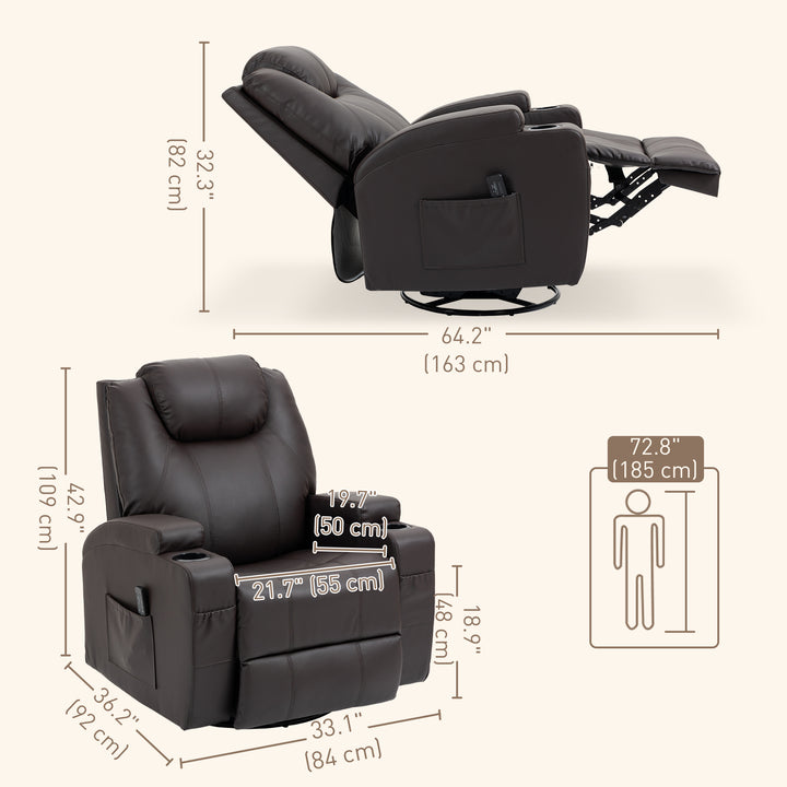 HOMCOM Massage Recliner Chair, Swivel Nursery Rocker Chair, Manual Reclining Sofa with 8 Vibration Points, PU Leather, Cup Holders, Side Pockets, for Living Room, Black
