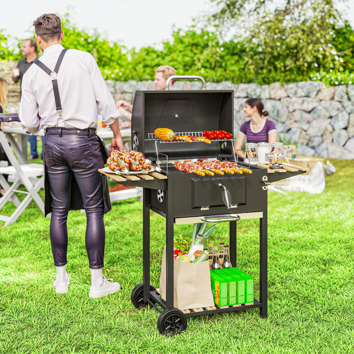 Outsunny 20" Charcoal BBQ Grill Barbecue on Wheels with Adjustable Charcoal Pan, Spacious Cooking Area, 3 Shelves, Thermometer