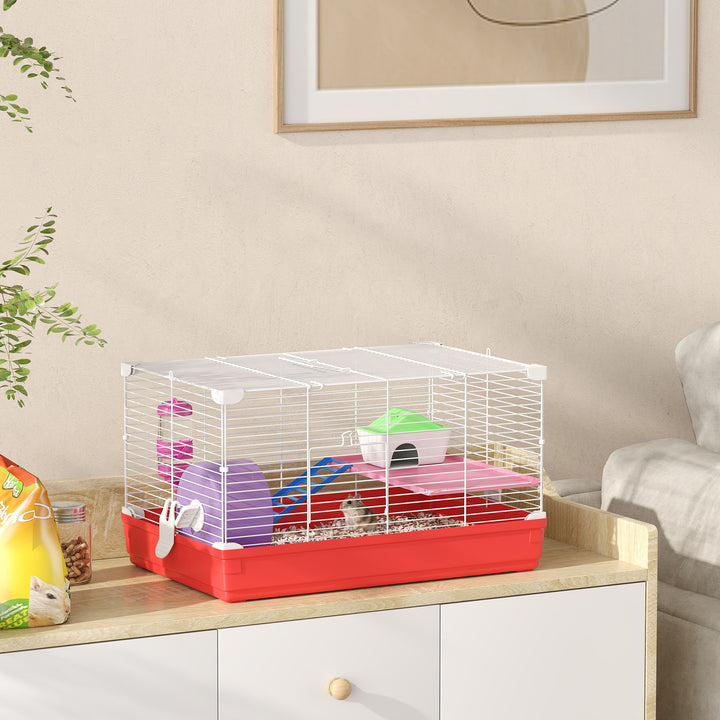 PawHut 18.5'' Hamster Cage with Exercise Wheel and Water Bottle Dishes, Rat House and Habitats 2 Storey Design, Red