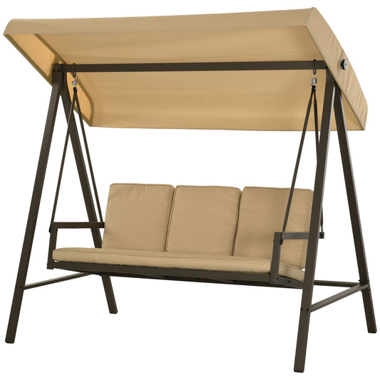 Outsunny 3 Seater Patio Swing Chair, Porch Swing with Adjustable Canopy and Removable Cushions, Outdoor Swing Seat, Beige