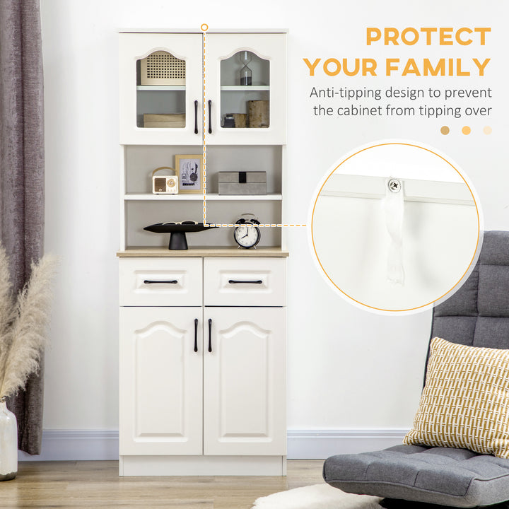 HOMCOM 66" Tall Kitchen Pantry Cabinet, Freestanding Storage Cabinet with 2 Adjustable Shelves, 2 Drawers, Open Counter and Glass Doors, White