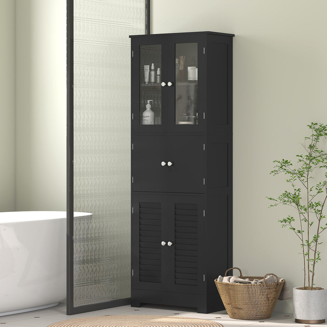 HOMCOM Freestanding Bathroom Cabinet with Glass/Louvred Doors, Tall Bathroom Cabinet for Kitchen, Study, Living Room, Black