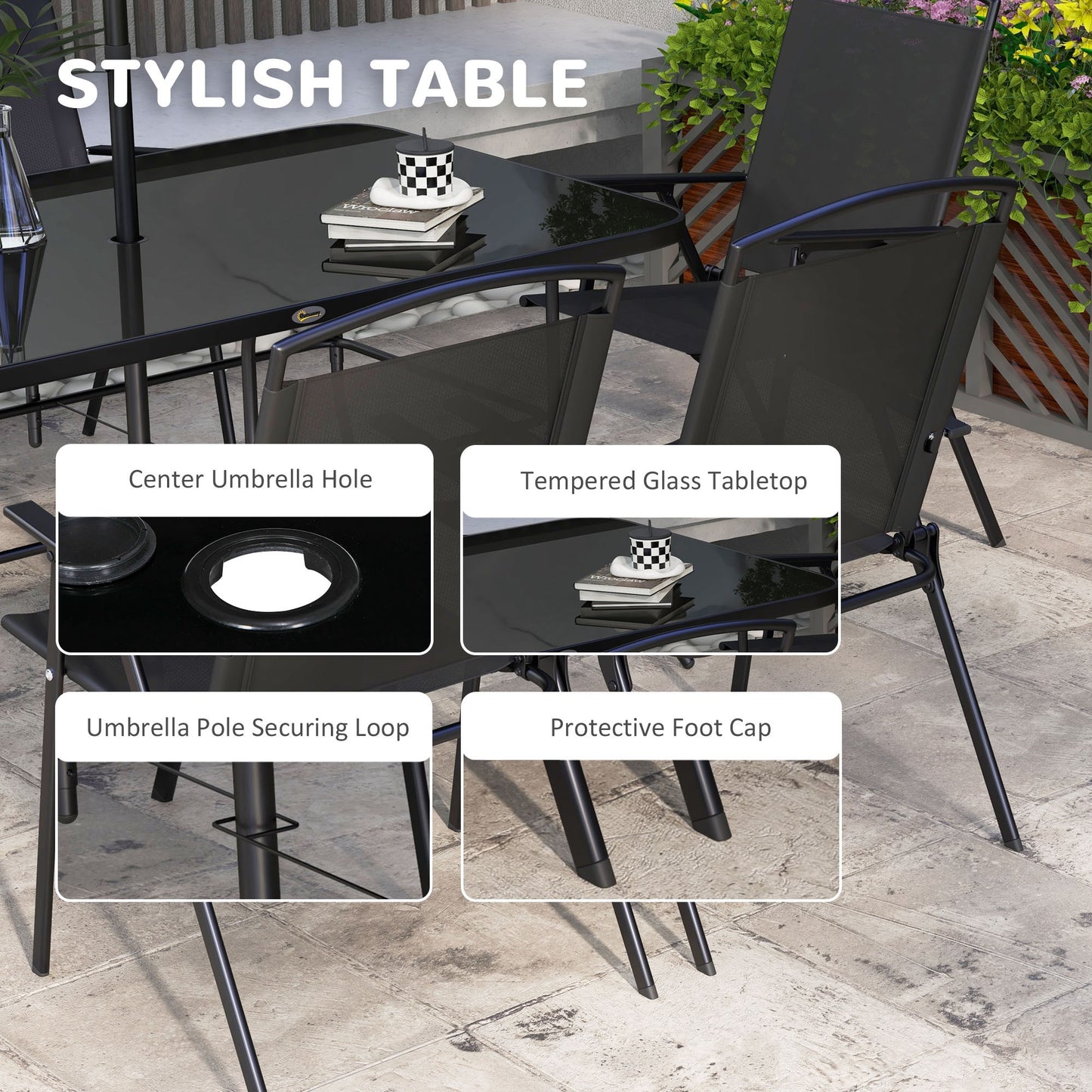 Outsunny 8 Piece Patio Set with Umbrella, 6 Folding Chairs, Rectangle Table, Outdoor Dining Set for 6 with Mesh Seat, Grey