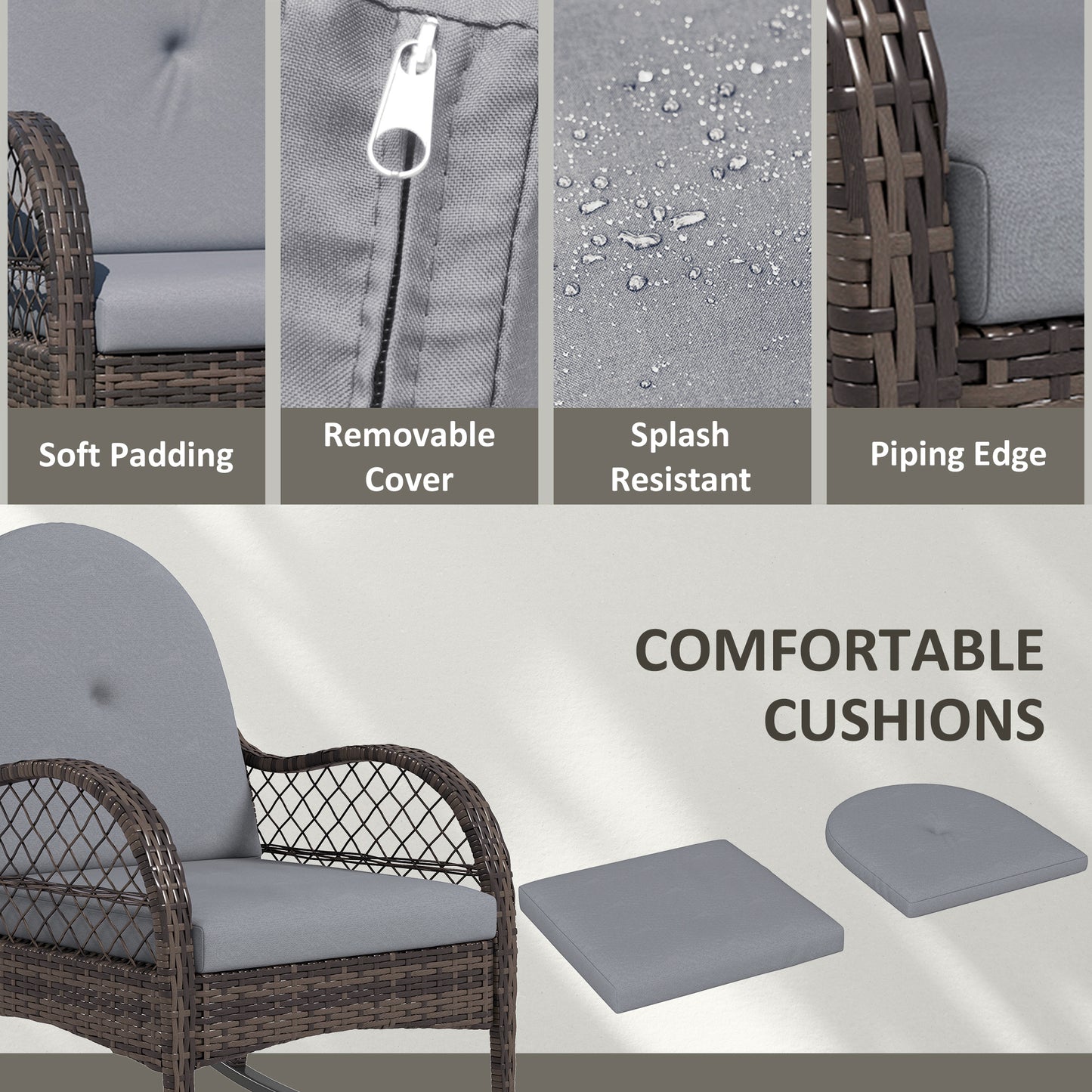 Outsunny 2 Pieces Wicker Rocking Patio Chairs, Indoor Outdoor Rocking Chair Set with Cushions and Armrests for Porch, Grey