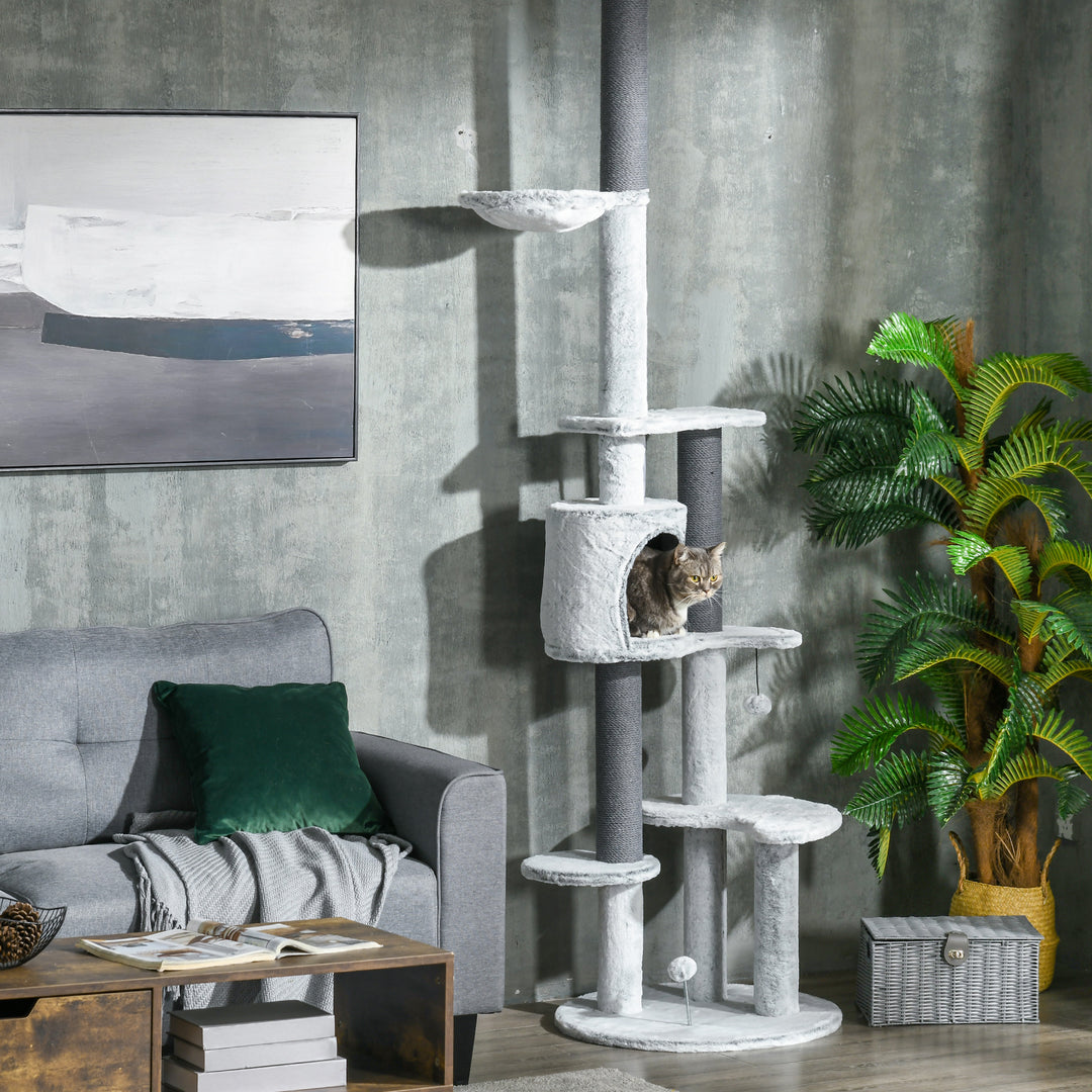 PawHut 89"-100" Floor to Ceiling Cat Tree w/ Hammock, Scratching Posts, Condo, Perches, Toy Ball, Anti-tip Kit, Grey