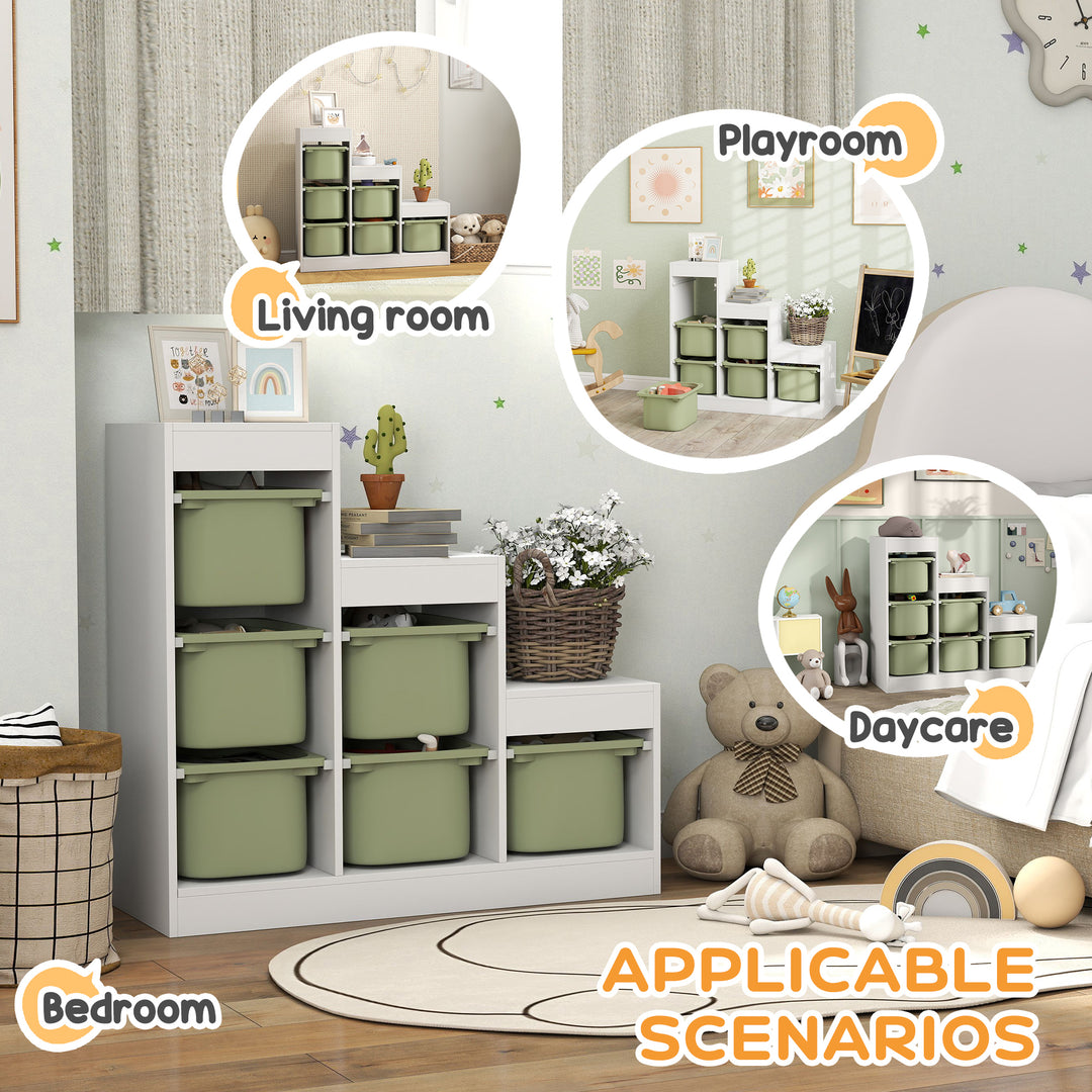 Qaba 3 Layers Toy Storage Organizer Kids Bookshelf Children Toy Storage w/ 6 Plastic Bins, Grey