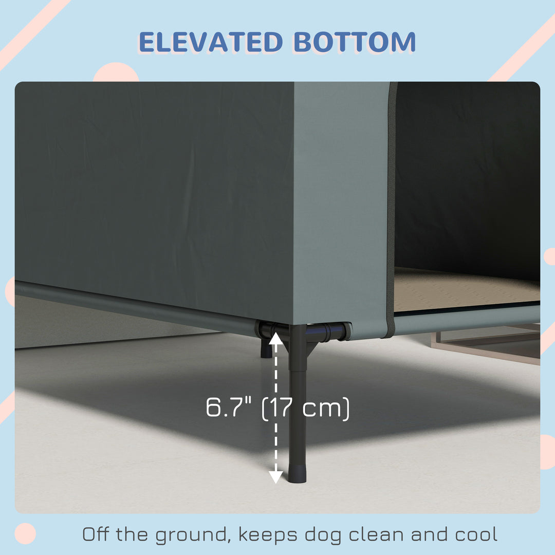 PawHut Dog House Outdoor Elevated Dog Bed with Removable Cover, Mesh Windows, Storage Bag, for S and M-Sized Dogs, Grey