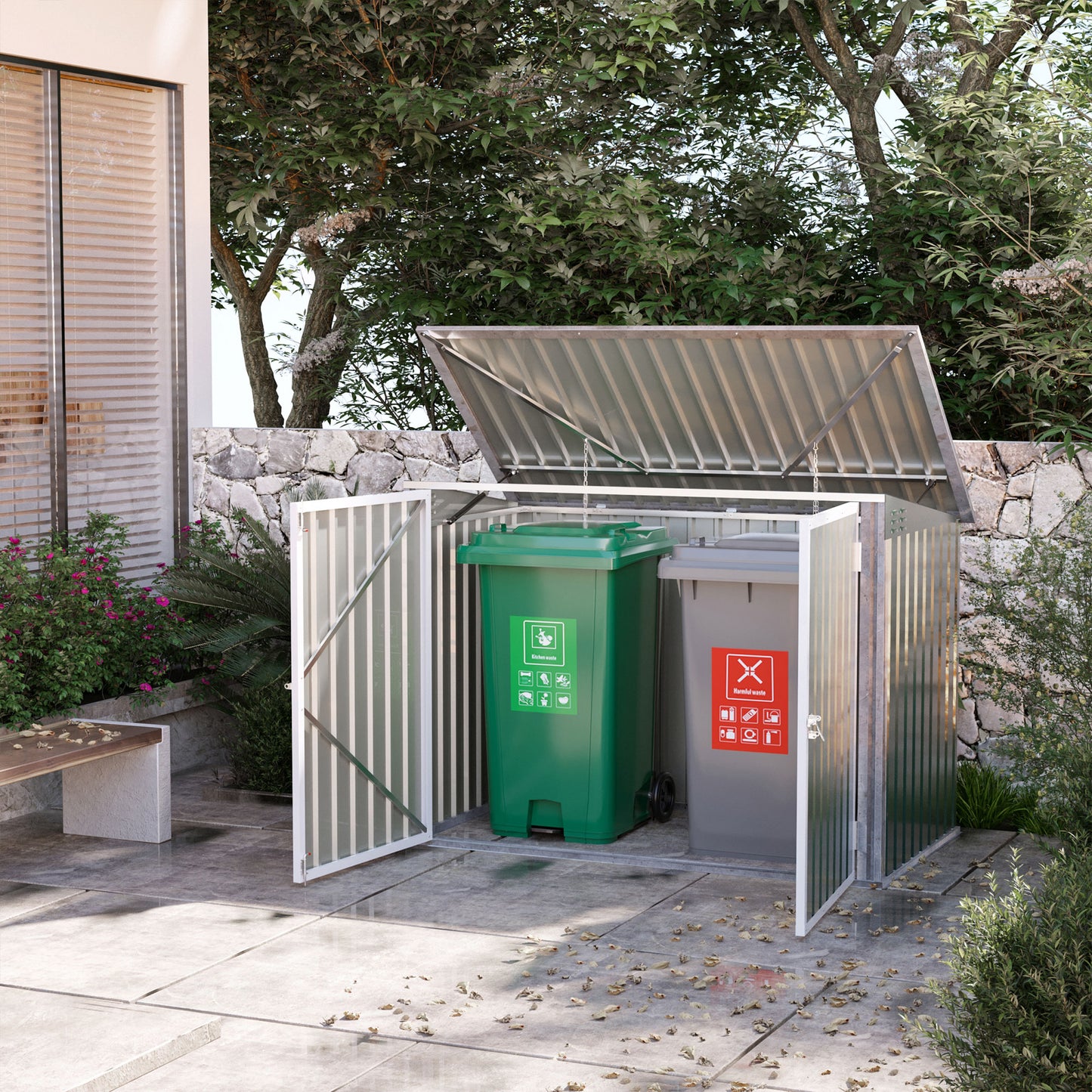 Outsunny Outdoor Metal Storage Shed Garden Garbage Can Organizer with Double Door and Vents for 2 Trash Cans, Dark Grey