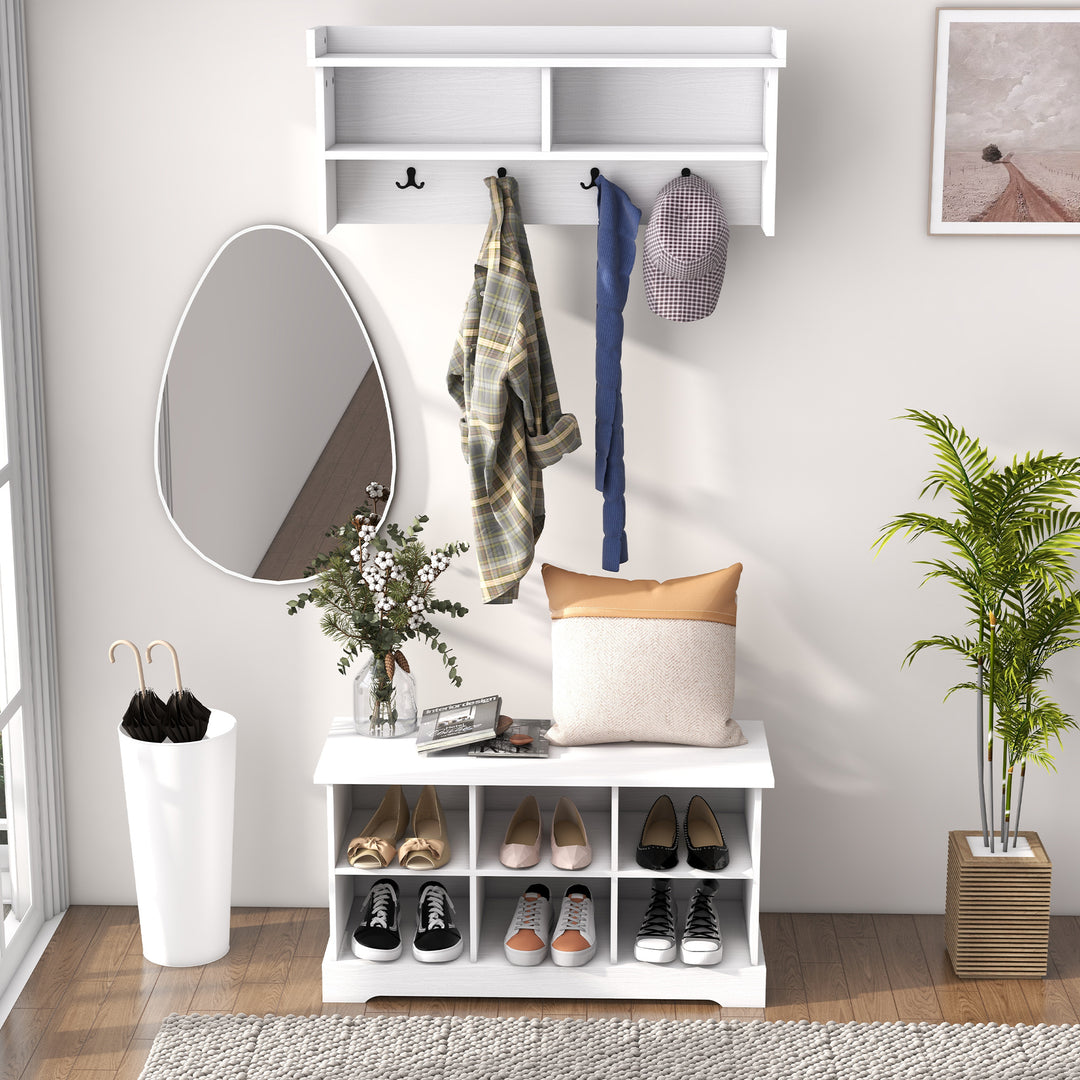 HOMCOM Coat Rack Shoe Bench Set, Entryway Shoe Bench with 8 Storage Cubbies, 4 Hooks for Hallway, Living Room, White