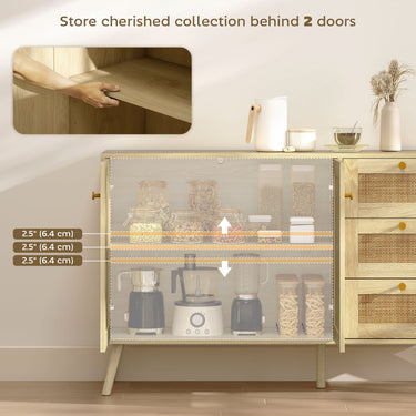 HOMCOM 47" Buffet Cabinet with Soft-Close Doors, Rattan Sideboard with Drawers, Adjustable Shelf and Wooden Legs, Natural