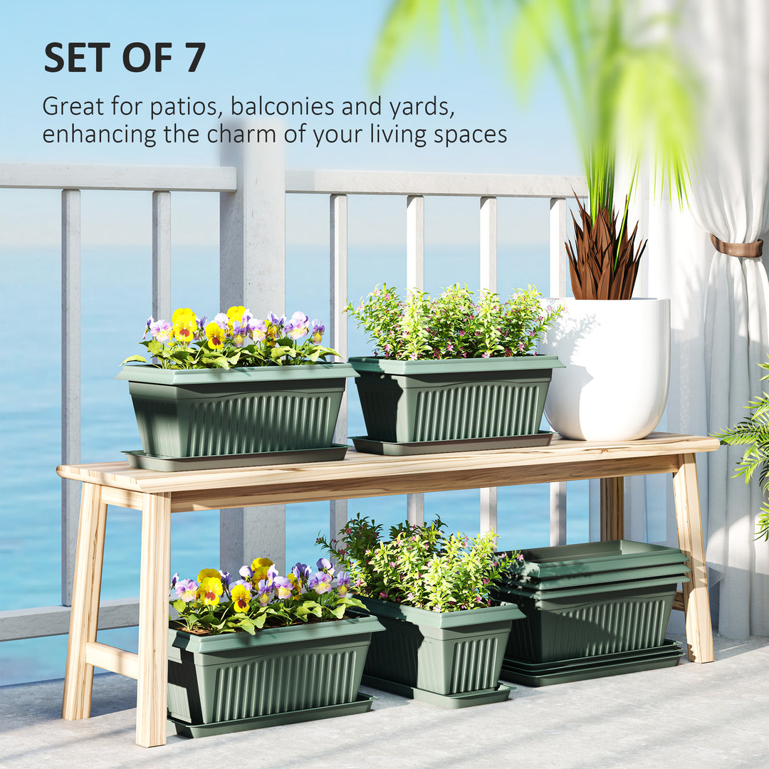 Outsunny 7 Pack 15.7" Plastic Flower Planters with Drainage Holes and Trays, Plant Pots for Indoor Outdoor Plants, Green