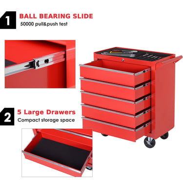HOMCOM 5 Drawer Roller Tool Chest, Mobile Lockable Toolbox, Storage Organizer with Handle for Workshop Mechanics Garage, Red