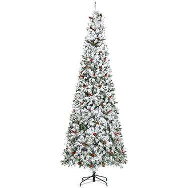 HOMCOM 9-foot Pencil Snow Flocked Artificial Christmas Tree with 1350 Pine Realistic Branches, Pine Cones, Red Berries, Auto Open, Green