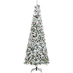 HOMCOM 9-foot Pencil Snow Flocked Artificial Christmas Tree with 1350 Pine Realistic Branches, Pine Cones, Red Berries, Auto Open, Green