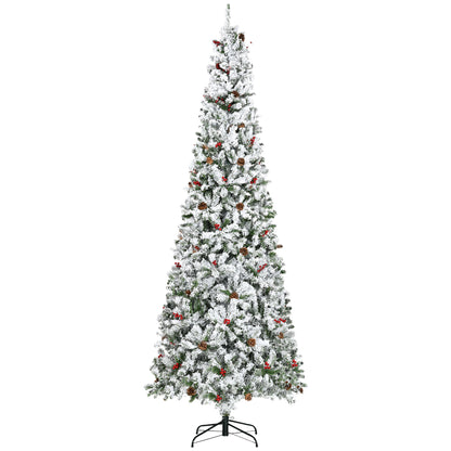 HOMCOM 9-foot Pencil Snow Flocked Artificial Christmas Tree with 1350 Pine Realistic Branches, Pine Cones, Red Berries, Auto Open, Green