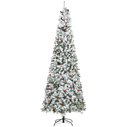 HOMCOM 9-foot Pencil Snow Flocked Artificial Christmas Tree with 1350 Pine Realistic Branches, Pine Cones, Red Berries, Auto Open, Green