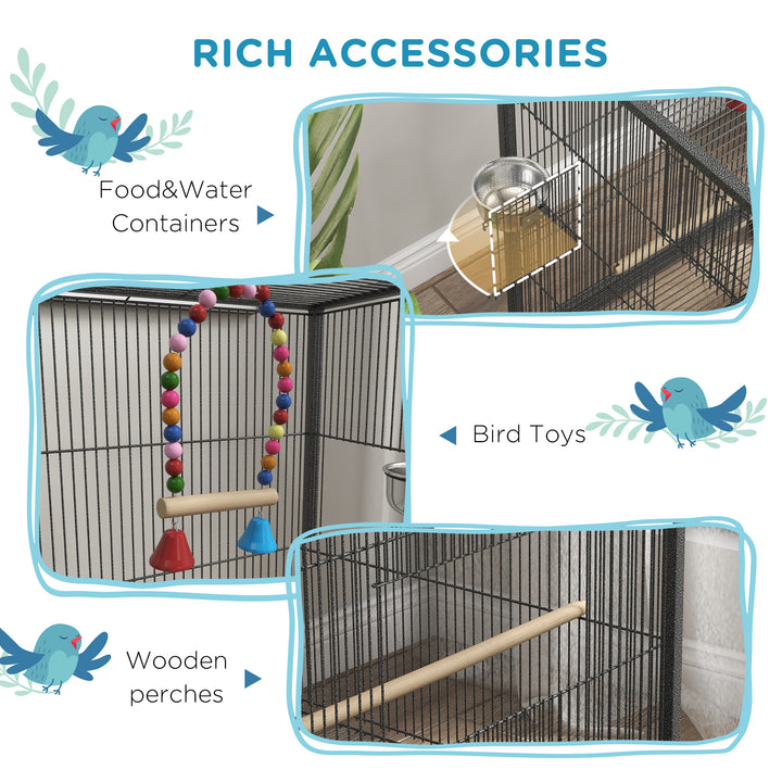 PawHut 29" Bird Cage for Parrots Lovebirds Budgies Finches, Flight Cage with 5 Doors, Swing, Stainless Steel Bowls, Removable Tray, Wheel, Grey