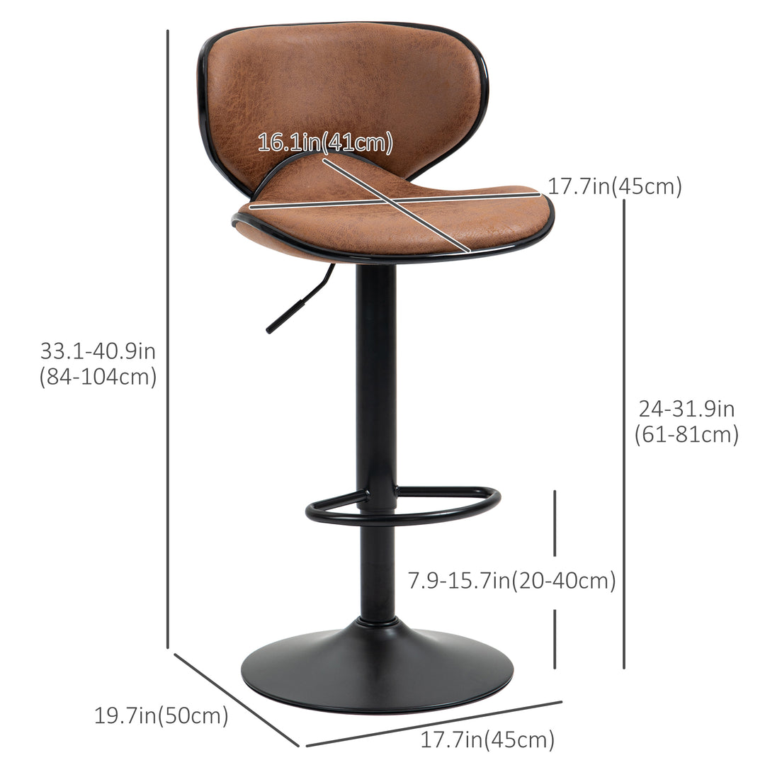 HOMCOM Vintage Set of 2 Microfiber Cloth Adjustable Bar Height Stools with Swivel Seat, Brown