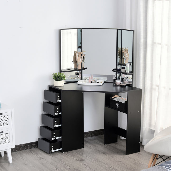 HOMCOM Corner Vanity Table, Makeup Vanity Table with 5 Drawers and Open Shelves, Dressing Table with 3-piece Mirror for Bedroom, Black