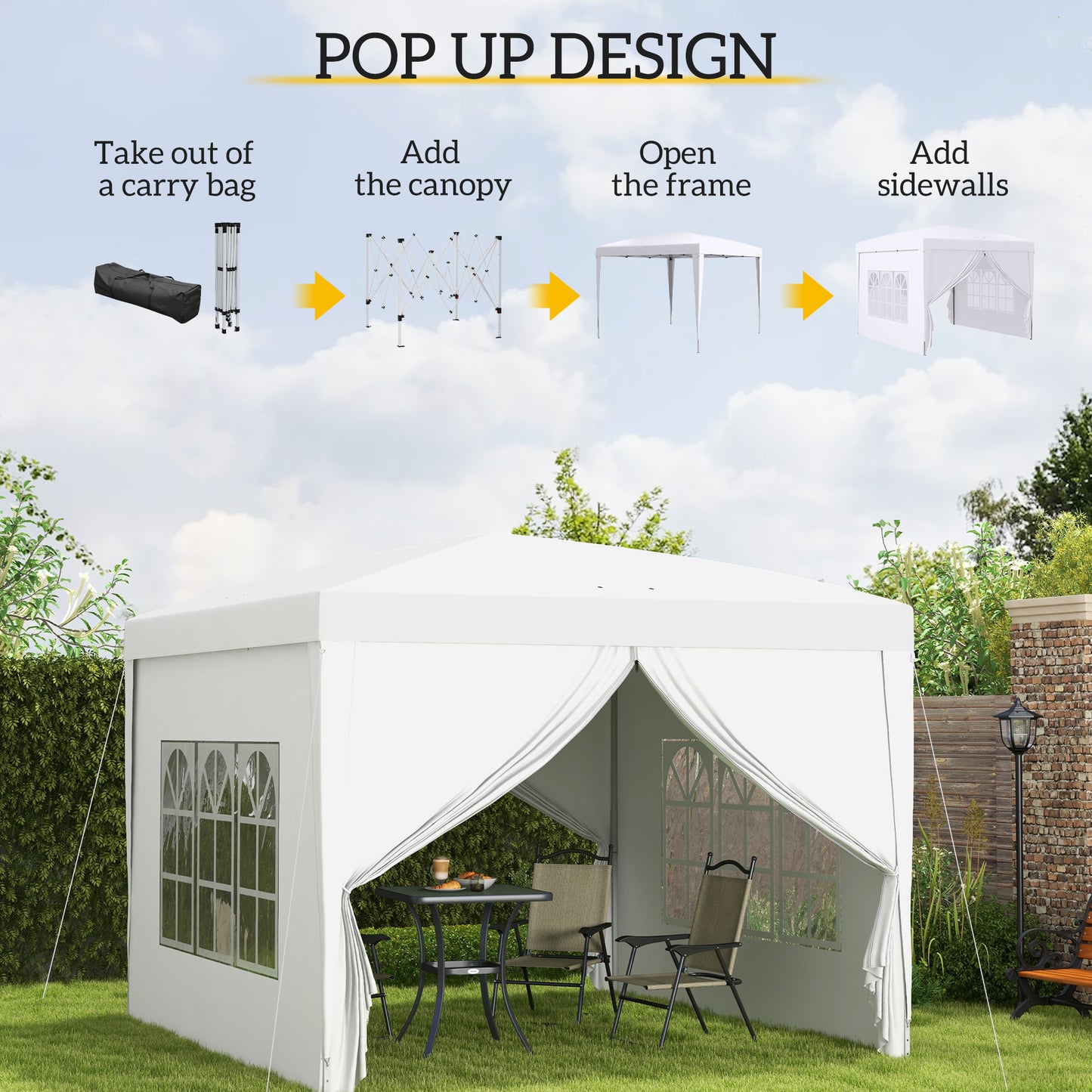 Outsunny 9.7' x 9.7' Outdoor Pop Up Party Tent Wedding Gazebo Canopy with Carrying Bag (White)