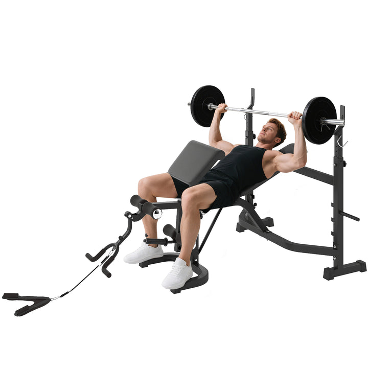 Soozier Press Bench, Heavy Duty Multiple Function Workout Adjustable Bench with Preacher Curl, Leg Developer